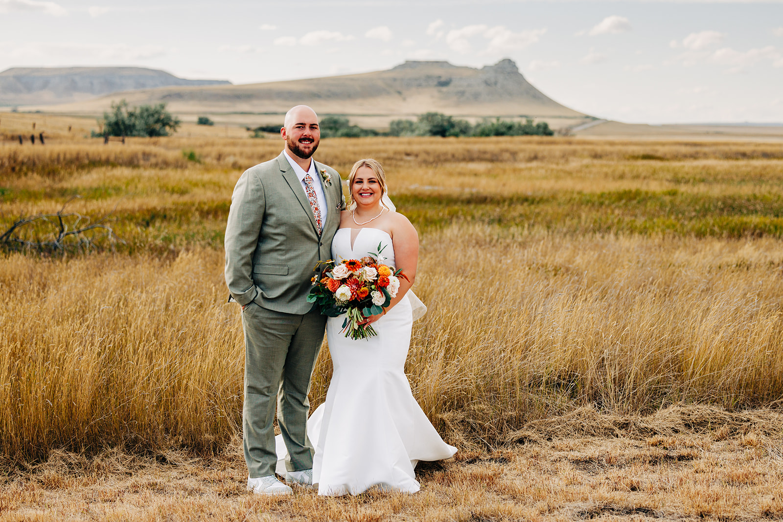 Portrait of bride and groom at wedding on private property in Choteau, MT