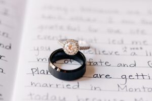 Detail photo of wedding rings on top of handwritten vows