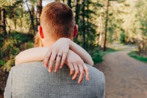 Close up of engaged woman's hands and engagement ring
