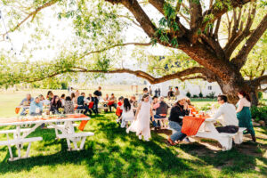 Guests sitting at picnic tables under ancient willow tree at McVey Homestead